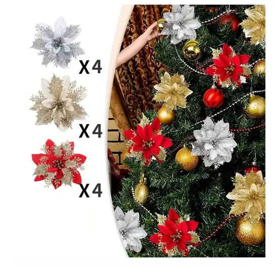 Karácsonyi mű virágdísz szett – 12 db (piros, arany, ezüst) – DU245918