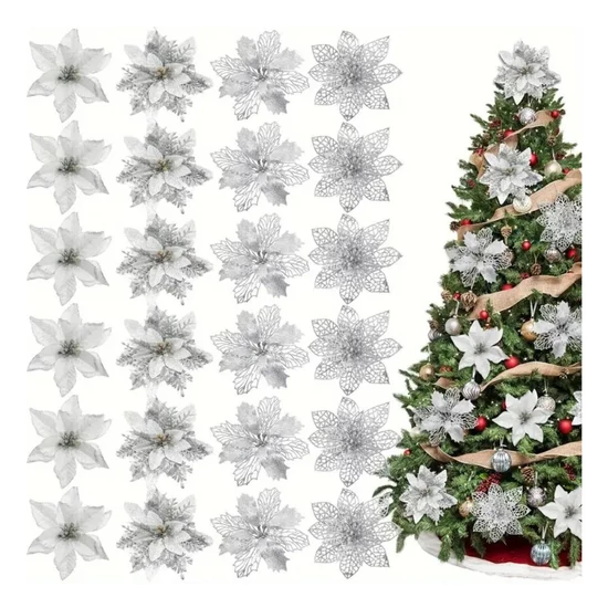 Karácsonyi virágdísz szett – 24 db, ezüst, 14–15 cm – NV167367-3