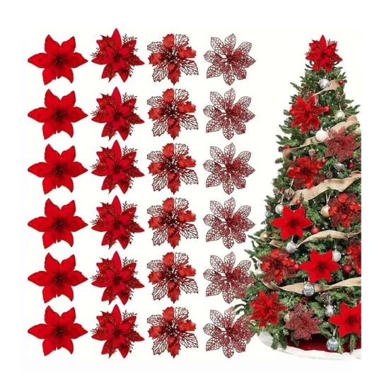 Karácsonyi virágdísz szett – 24 db, piros  14–15 cm – NV167367