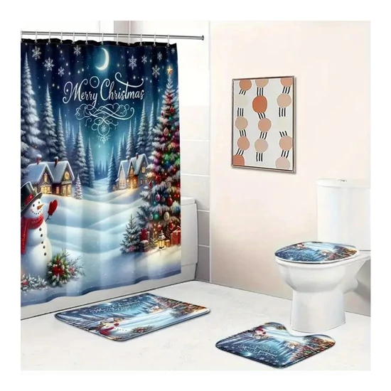Karácsonyi fürdőszoba szett – zuhanyfüggönnyel, 4 részes – PQ320431
