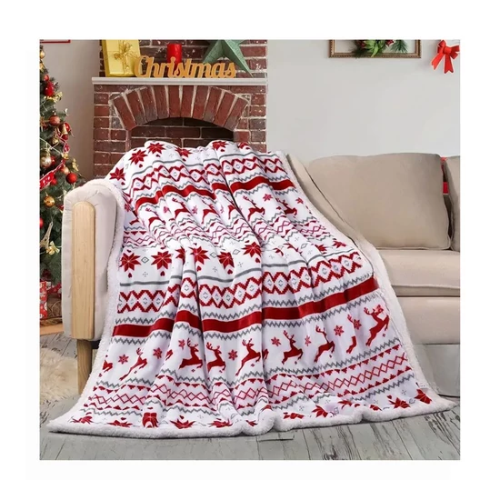 Karácsonyi plüss takaró – 127×152 cm, piros-fehér skandináv mintával – UH30930