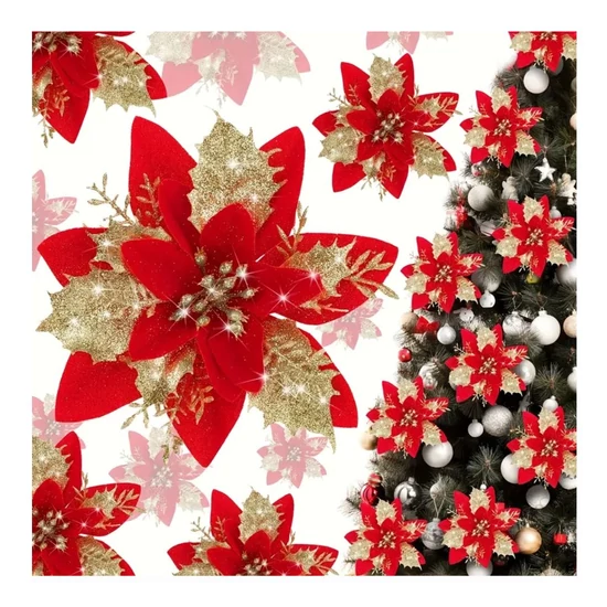 Karácsonyi glitteres virágdísz szett – 15 db, piros, 14 cm – VT4955153-3