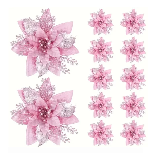 Karácsonyi glitteres virágdísz szett – 15 db, rózsaszín, 14 cm – VT4955153-5