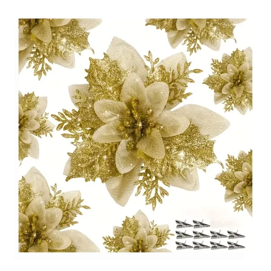 Karácsonyi glitteres virágdísz szett – 15 db, arany, 14 cm – VT4955153