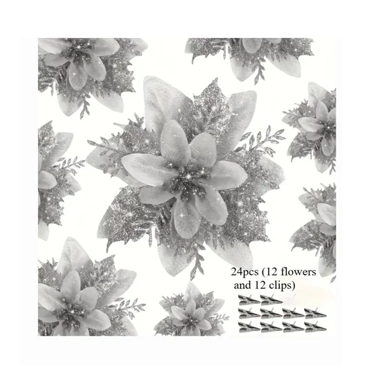 Karácsonyi glitteres virágdísz szett – 24 db, ezüst, 14 cm – WW4561198