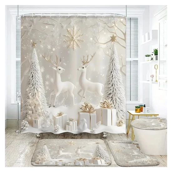 4 részes Karácsonyi fürdőszobai szett – Rénszarvas és fenyő minta YX537828