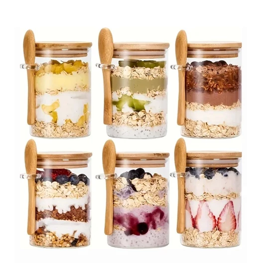 6 db üvegtároló bambusz fedővel és kanállal – 600 ml EL4569209-3