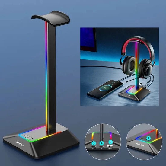 Fejhallgató tartó LED RGB világítással, usb csatlakozással fekete GV578467-f