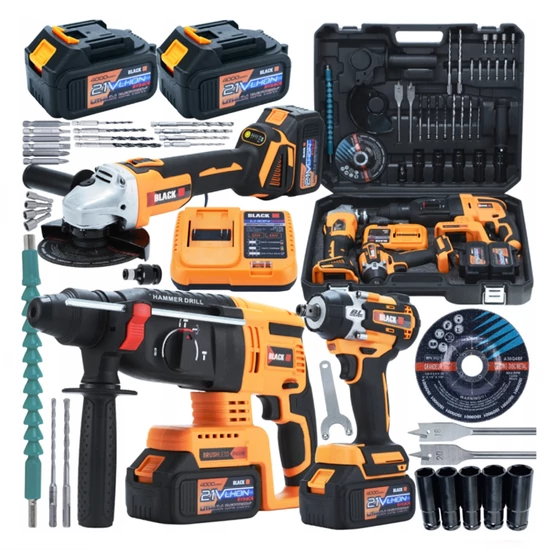 BLACK Mega akkus szerszámkészlet 21V 2×4Ah – 3in1 ütvefúrókalapács, sarokcsiszoló, ütvecsavarozó –  53745