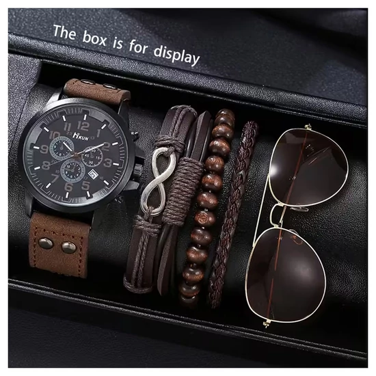 6 db-os Férfi Retro Ajándékszett – Óra, Szemüveg és Karkötők YW4130539