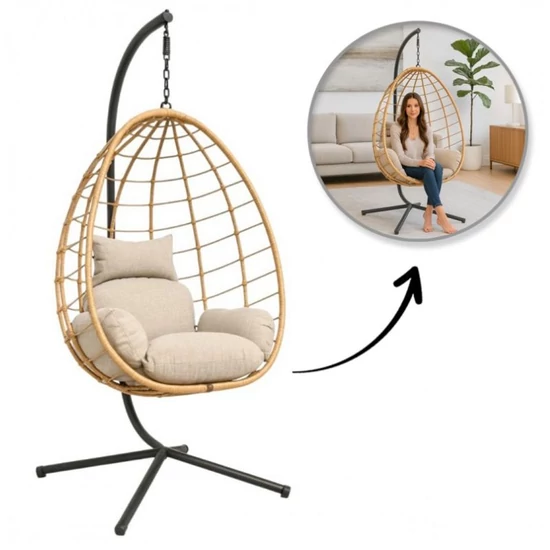 Összecsukható függőfotel, barna rattan hatású, bézs párnákkal – KR37BR