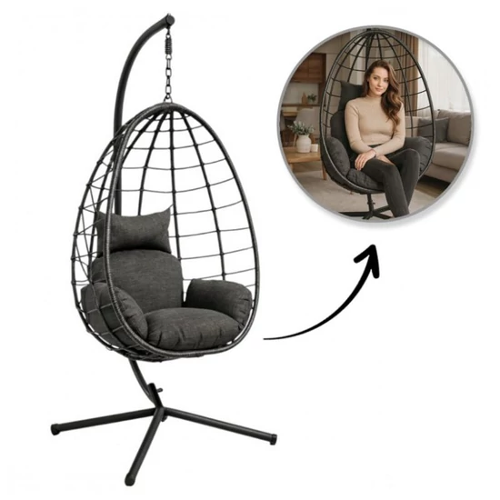 Összecsukható függőfotel, fekete rattan hatású, grafit párnákkal – KR37GRAF