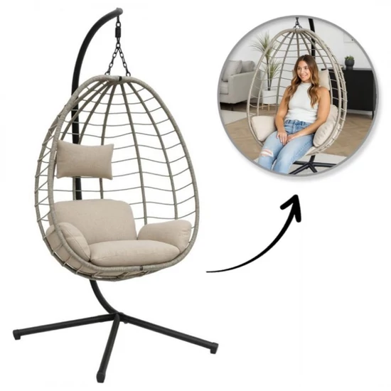 Összecsukható függőfotel, szürke rattan hatású, bézs párnákkal – KR37SZ