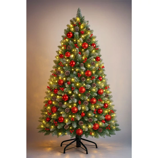 Műfenyő havas hatással, tobozokkal és piros bogyókkal 150 cm NG474473-150