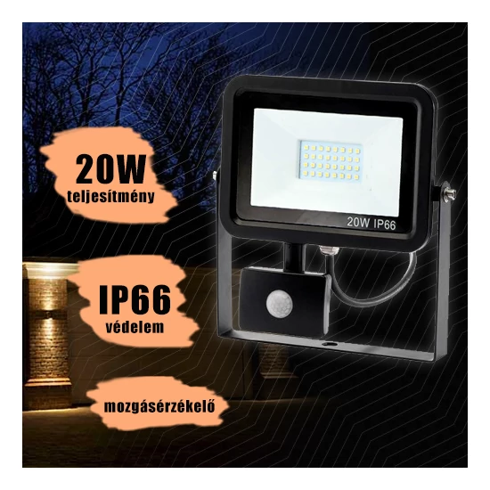 20W por- és vízálló led reflektor mozgásérzékelővel
